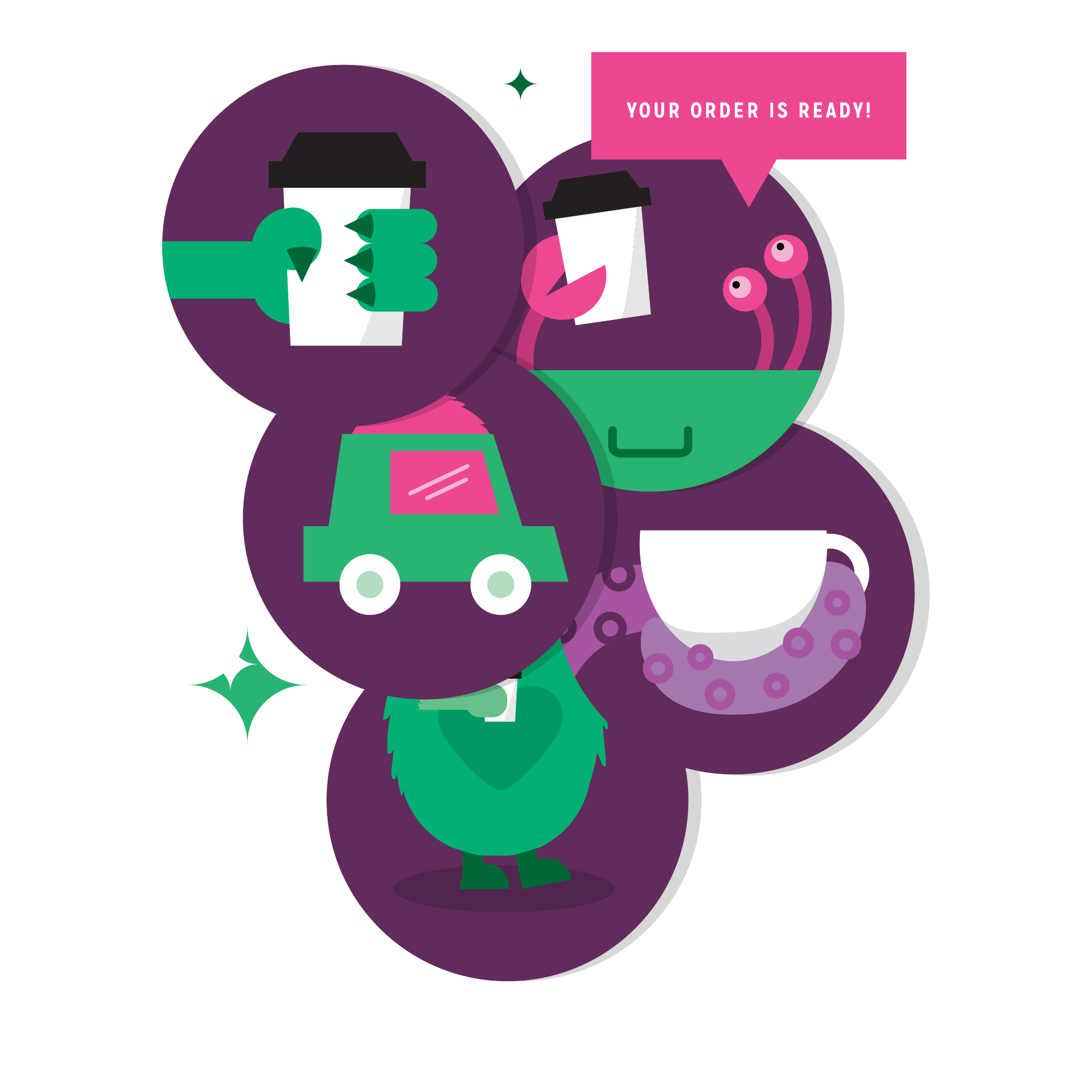 Coffee Monster illustrations of ordering, collection and fulfilment from the original platform